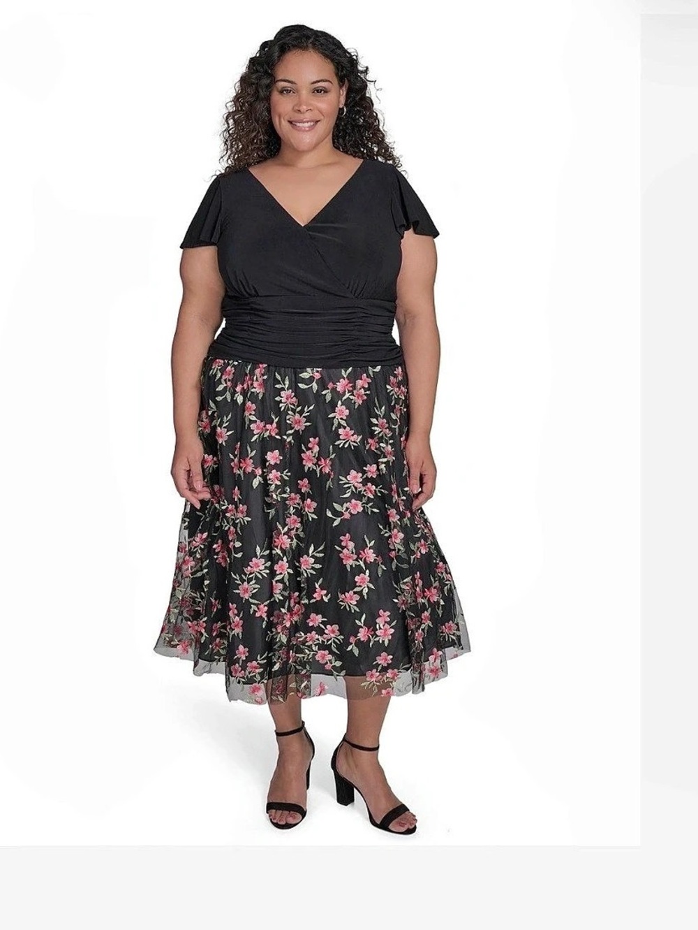 Jessica Howard Plus Size Mixed-Media Mesh-Skirt Fit & Flare Dress Floral Midi.